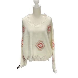 No Comment Distressed Oversized Pullover Cream Sweater Long Sleeve Aztec Size XL